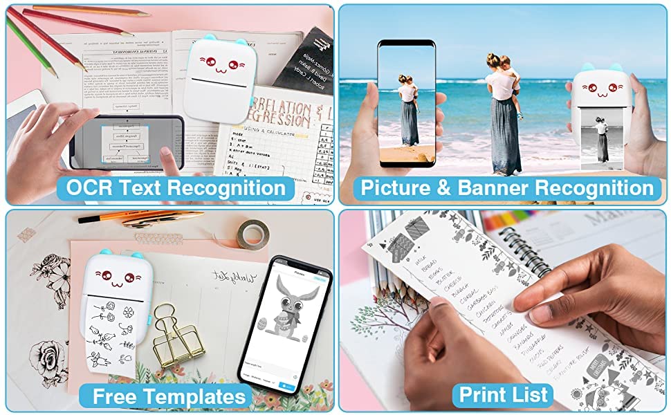 Mini Printer Portable, Mini Thermal Printer, Mini Pocket Printer with 6 Rolls Paper, Mini Photo Printer, Wireless Bluetooth Smart Phone Inkless Printers, for Travel Picture Sticker Receipt Label Notes