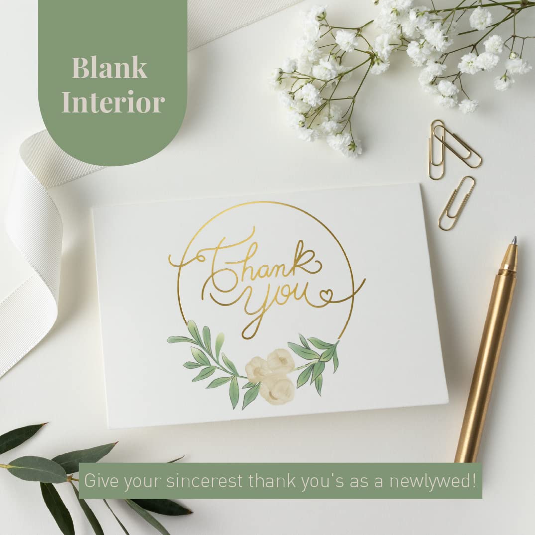 Rileys & Co Thank You Wedding Cards, Gold Foil, Classic Wedding Cards 50 Count, with Stickers & Envelopes | Bulk Thank You Cards with Envelopes | Wedding Thank You Cards Greenery and Gold