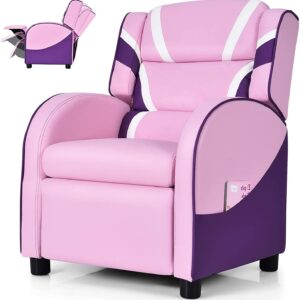 Fireflowery Kids Recliner Chair with Side Pockets, Adjustable Kids Couch Chair w/Footrest & Headrest, Ergonomic Toddler Furniture Sofa for Boys and Girls Room (Pink)