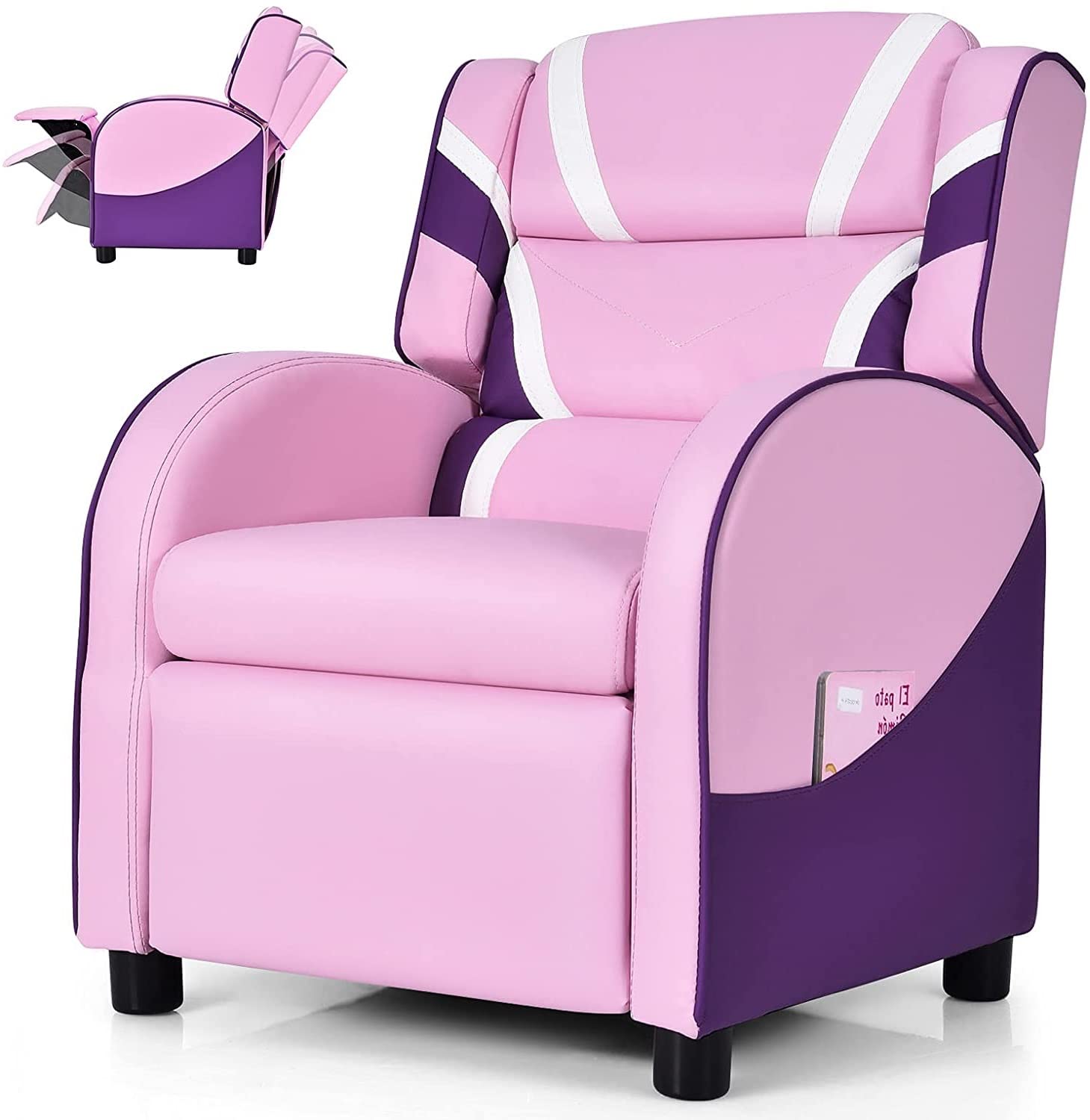 Fireflowery Kids Recliner Chair with Side Pockets, Adjustable Kids Couch Chair w/Footrest & Headrest, Ergonomic Toddler Furniture Sofa for Boys and Girls Room (Pink)