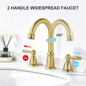 CREA Widespread Bathroom Faucet 3 Hole Brushed Gold Sink Faucet 8 inch with Pop Up Drain 2 Handle 4 inch Faucets for Vanity Lavatory Basin Restroom Bath Sink