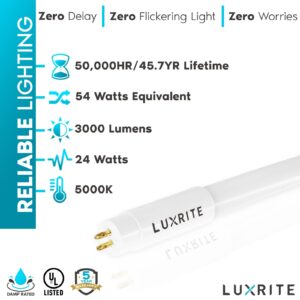 LUXRITE 4FT T5 LED Tube Lights, Type A+B, 24W=54W, 5000K Bright White, 45.78", Ballast and Ballast Bypass Compatible, Single or Double End Powered, F54T5 Fluorescent Replacement, Damp Rated (4 Pack)