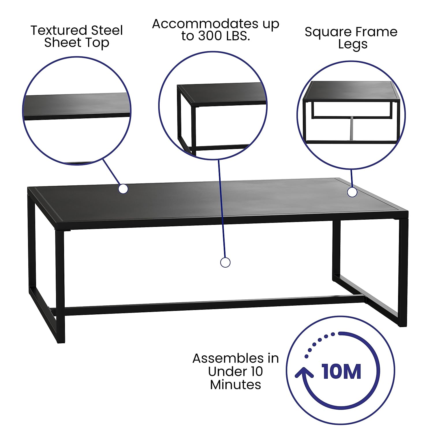 Flash Furniture Brock Commercial Grade Steel Modern Patio Coffee Table, Rectangular Outdoor Coffee Table with Textured Top and Square Leg Frame, Black