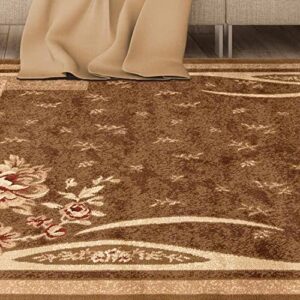 Superior Indoor Area Rug, Jute Backing, Modern Plush Rugs for Entryway, Living Room, Kitchen Floors, Bedroom, Hallway, Farmhouse Floral Rugs, Ruban Collection, 4' x 6', Beige Brown