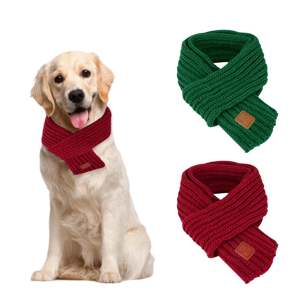 SlowTon Dog Knitted Scarf, 2 Pack Dog Warm Bandanas, Christmas Winter Holiday Decoration Scarf for Small Medium Large Dogs (Red, Green)