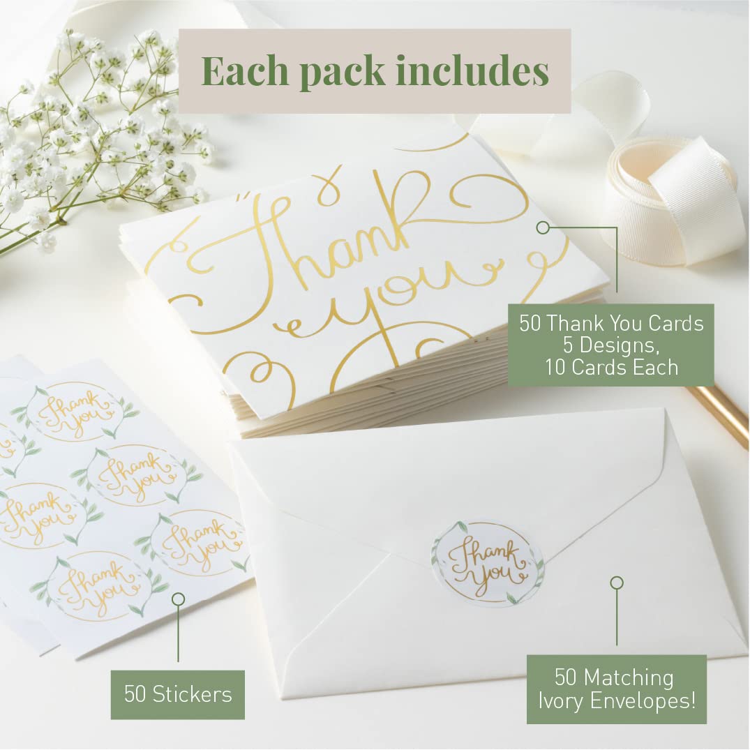 Rileys & Co Thank You Wedding Cards, Gold Foil, Classic Wedding Cards 50 Count, with Stickers & Envelopes | Bulk Thank You Cards with Envelopes | Wedding Thank You Cards Greenery and Gold