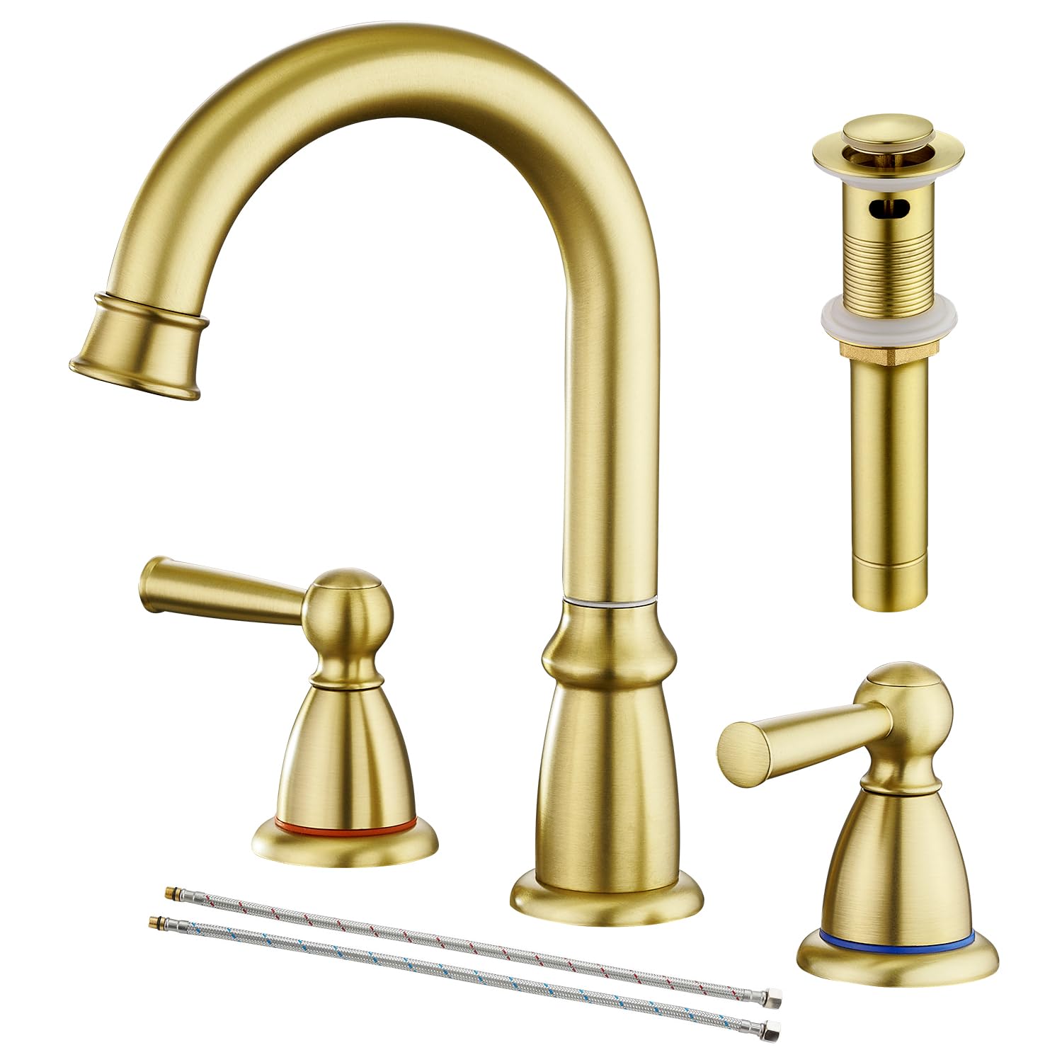 CREA Widespread Bathroom Faucet 3 Hole Brushed Gold Sink Faucet 8 inch with Pop Up Drain 2 Handle 4 inch Faucets for Vanity Lavatory Basin Restroom Bath Sink