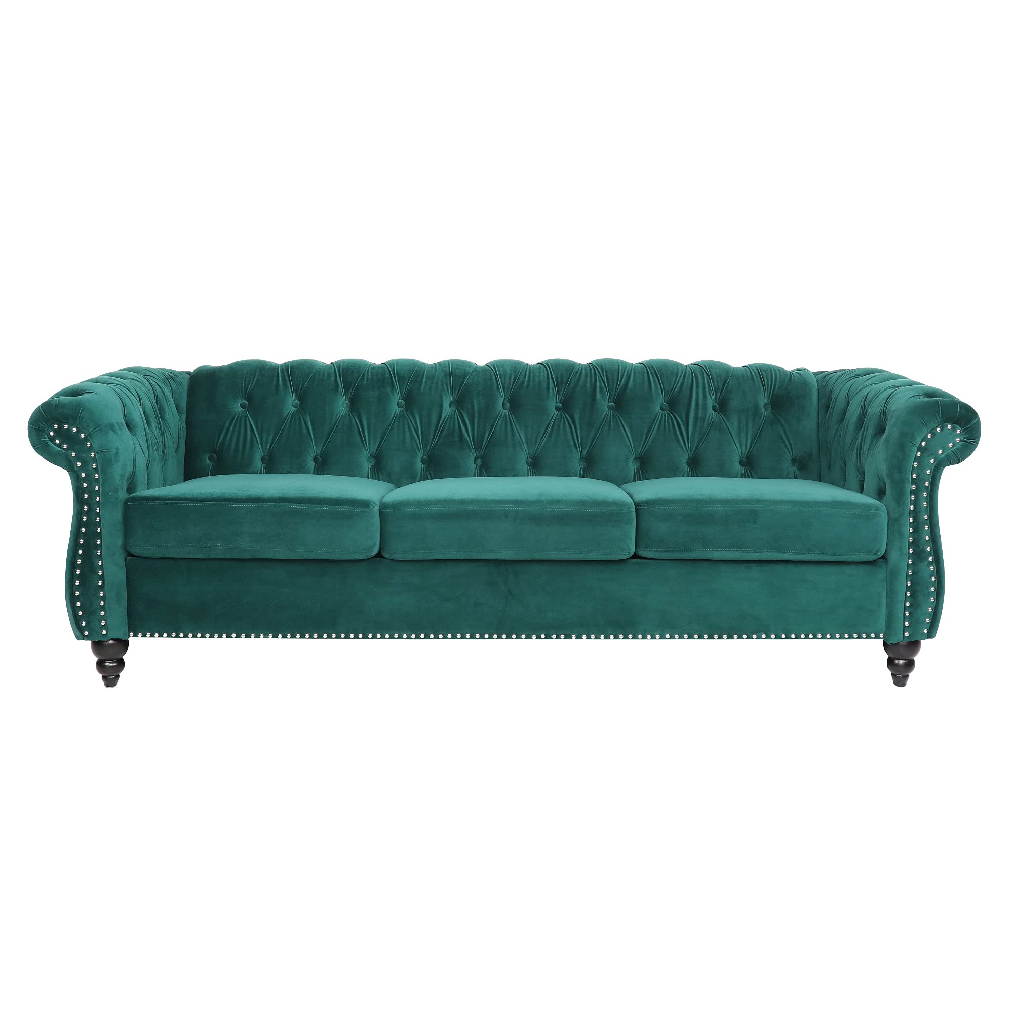 ONCIN Velvet Chesterfield Sofa, 84 inch Modern Tufted 3 Seater Couch with Scroll Arms and Wood Legs for Living Room Bedroom (Green)