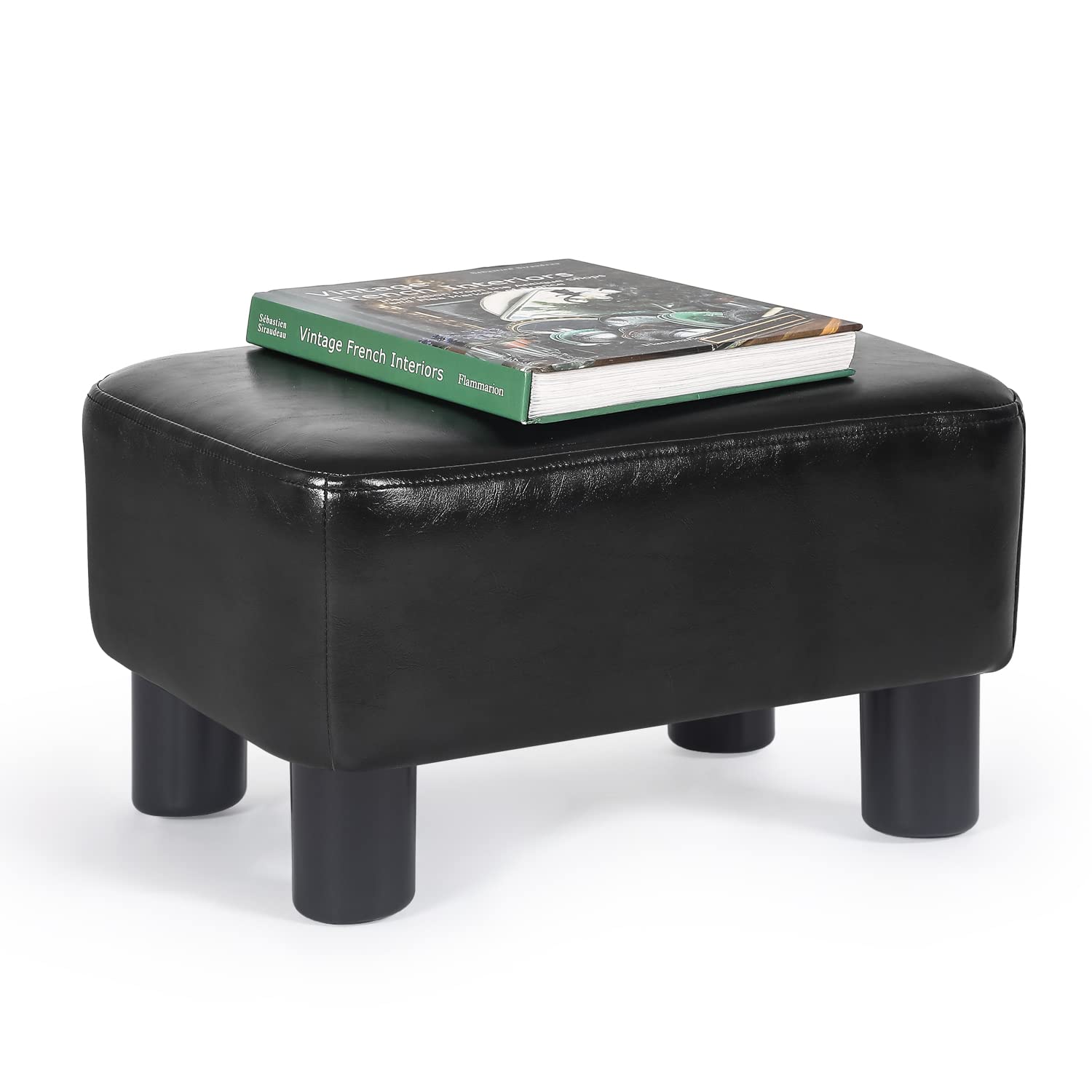 Homebeez 16" Small Footstool PU Leather Ottoman Footrest Modern Home Living Room Bedroom Rectangle Stool with Padded Seat Plastic Legs, Dark