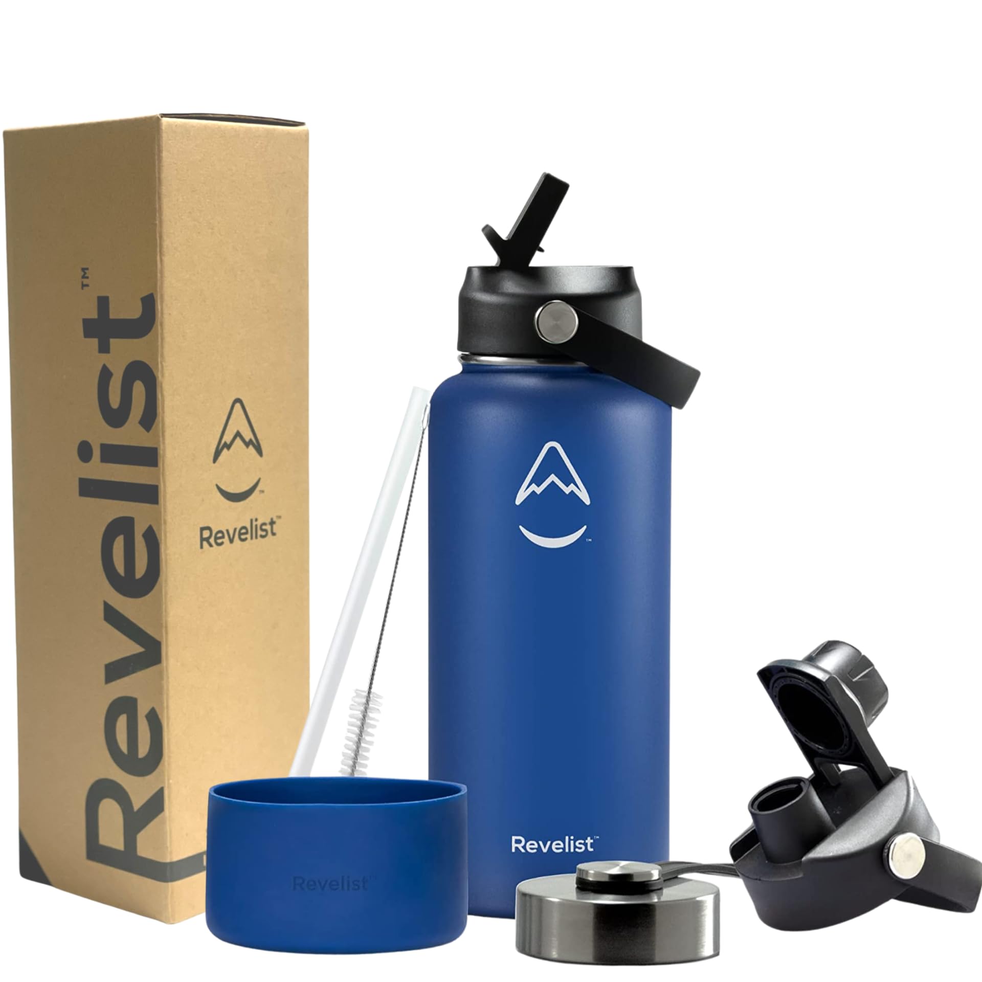 Revelist Sports Water Bottle - 32 Oz, 3 Lids (Straw Lid, Spout & Screw Top) with Boot, Vacuum Insulated Stainless Steel, Double Walled, Reusable Water Flask, Metal Canteen - Midnight Blue