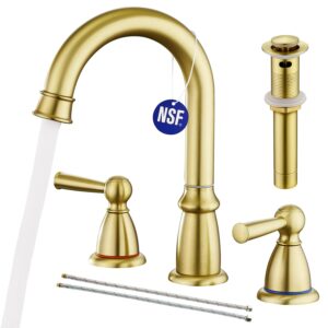 CREA Widespread Bathroom Faucet 3 Hole Brushed Gold Sink Faucet 8 inch with Pop Up Drain 2 Handle 4 inch Faucets for Vanity Lavatory Basin Restroom Bath Sink