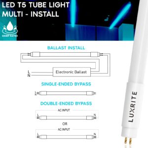 LUXRITE 4FT T5 LED Tube Lights, Type A+B, 24W=54W, 5000K Bright White, 45.78", Ballast and Ballast Bypass Compatible, Single or Double End Powered, F54T5 Fluorescent Replacement, Damp Rated (4 Pack)