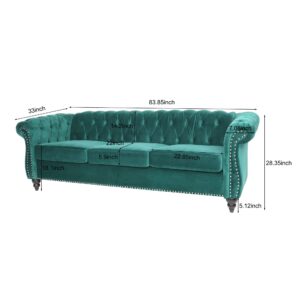 ONCIN Velvet Chesterfield Sofa, 84 inch Modern Tufted 3 Seater Couch with Scroll Arms and Wood Legs for Living Room Bedroom (Green)