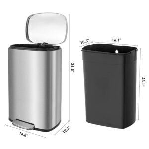 Increkid 13.2 Gallon Trash Can, Stainless Steel Kitchen Garbage Bin with Inner Buckets and Hinged Lid, Rectangular Step on Dustbin, Soft-Close, Airtight for Home Office Bathroom Mall（50 L） (Silver)