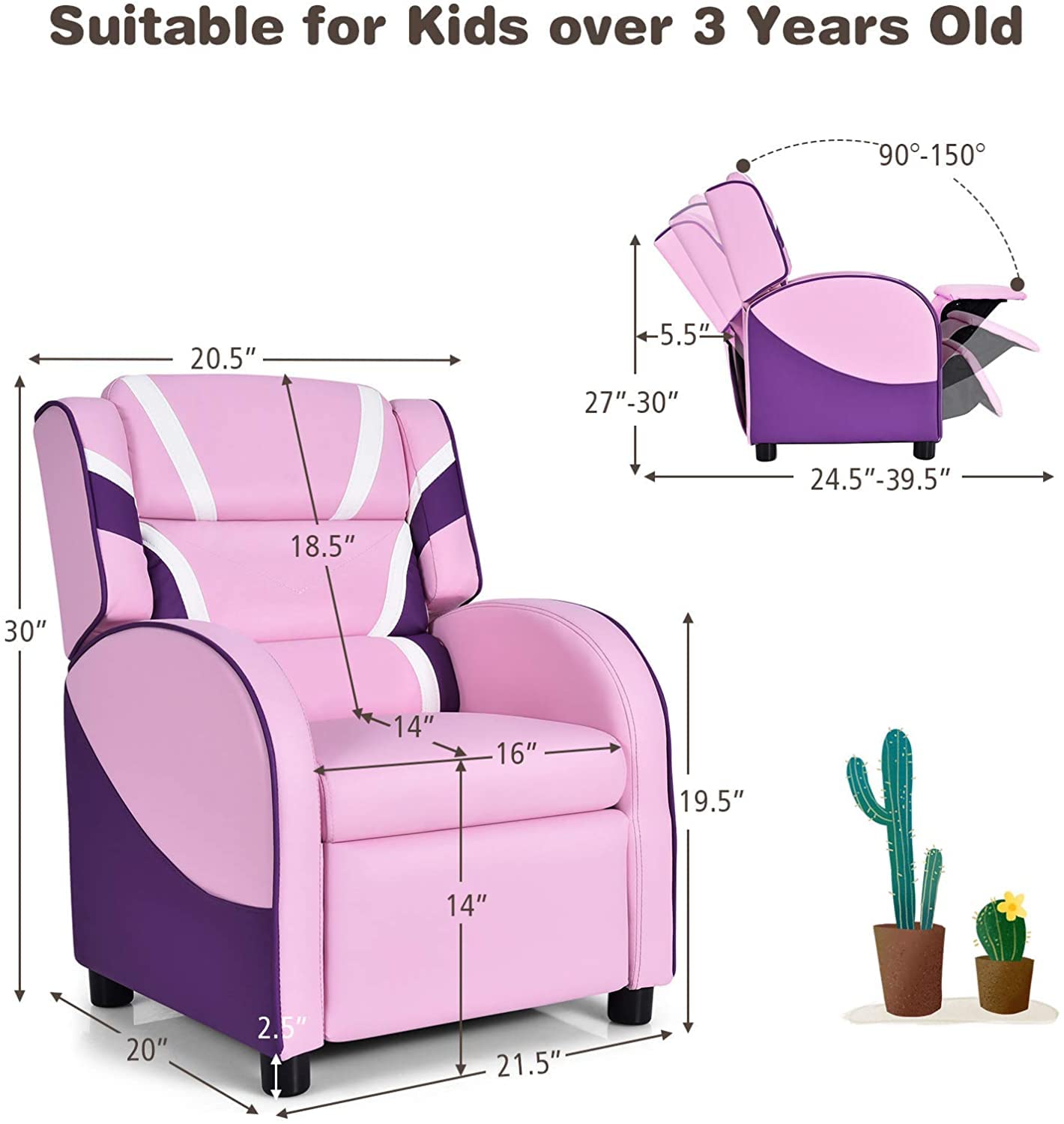 Fireflowery Kids Recliner Chair with Side Pockets, Adjustable Kids Couch Chair w/Footrest & Headrest, Ergonomic Toddler Furniture Sofa for Boys and Girls Room (Pink)