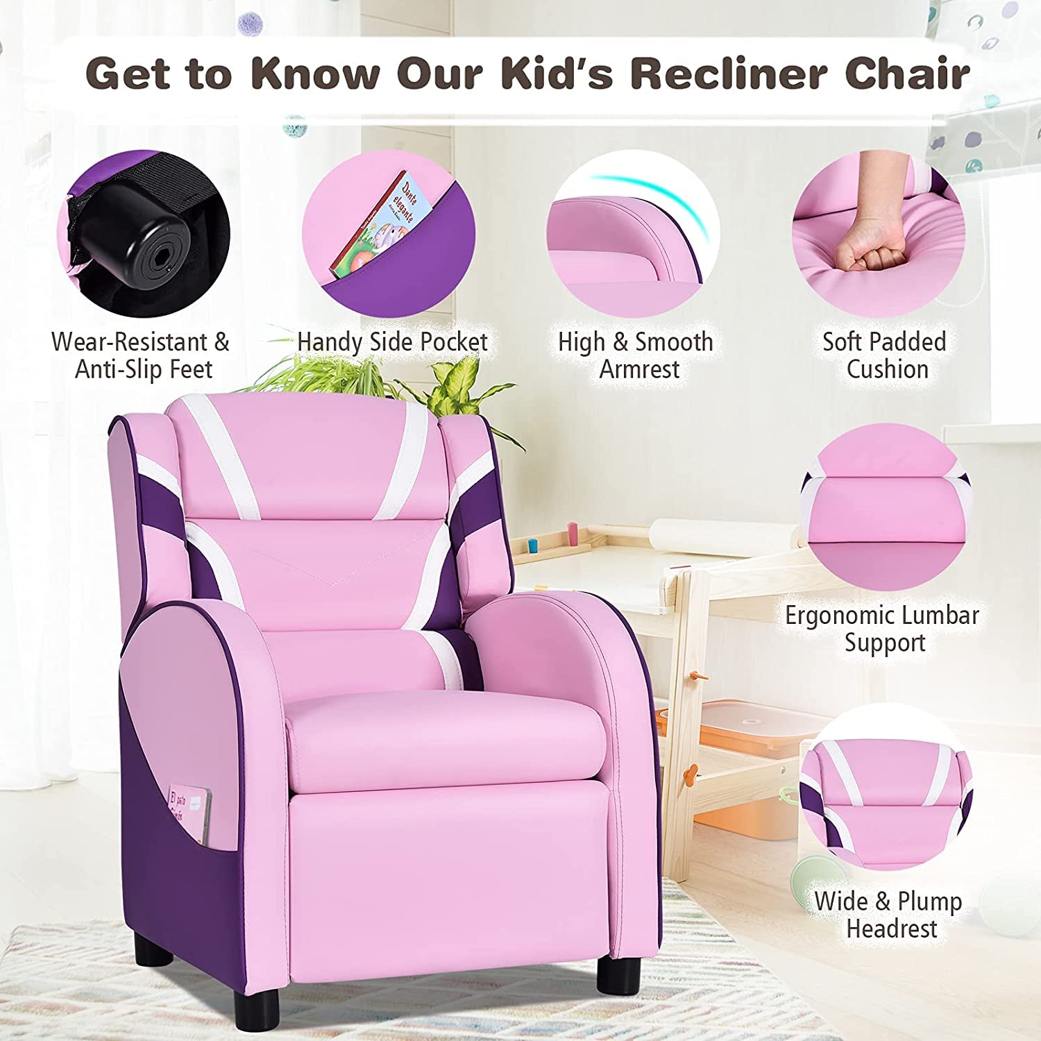 Fireflowery Kids Recliner Chair with Side Pockets, Adjustable Kids Couch Chair w/Footrest & Headrest, Ergonomic Toddler Furniture Sofa for Boys and Girls Room (Pink)