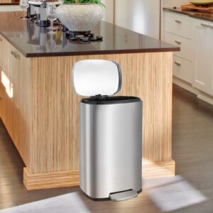 Increkid 13.2 Gallon Trash Can, Stainless Steel Kitchen Garbage Bin with Inner Buckets and Hinged Lid, Rectangular Step on Dustbin, Soft-Close, Airtight for Home Office Bathroom Mall（50 L） (Silver)