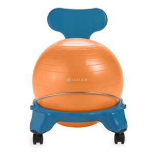 gaiam kids balance ball chair - classic children's stability ball chair, alternative school classroom flexible desk seating for active students, orange/blue