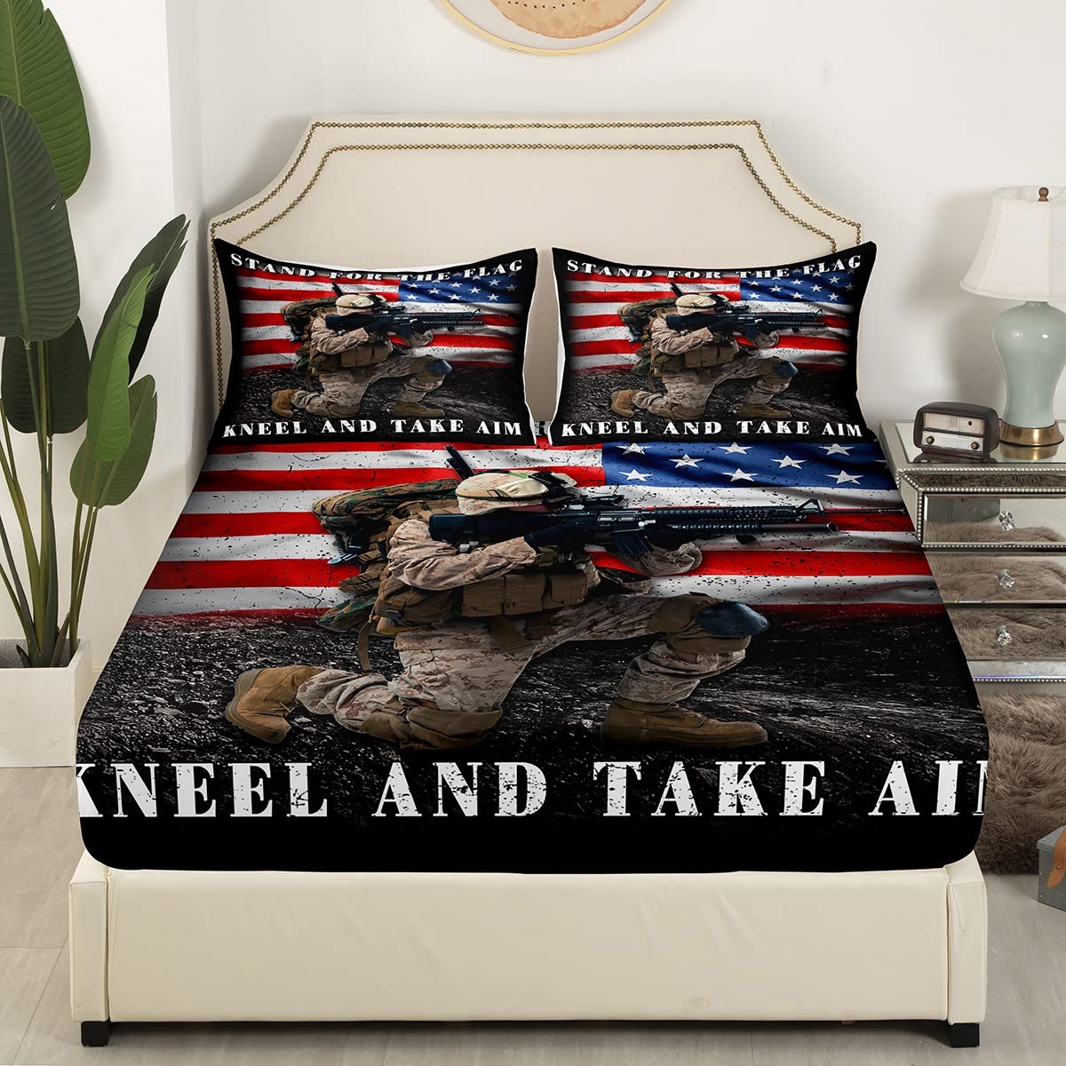 American Flag Bedding Sets Twin for Adult Teens Boys Camo Soldier Fitted Sheet Kids Men Vintage USA National Flag Fitted Bed Sheets Military Camouflage Grunge Stripes Beddings,No Flat/Top Sheet