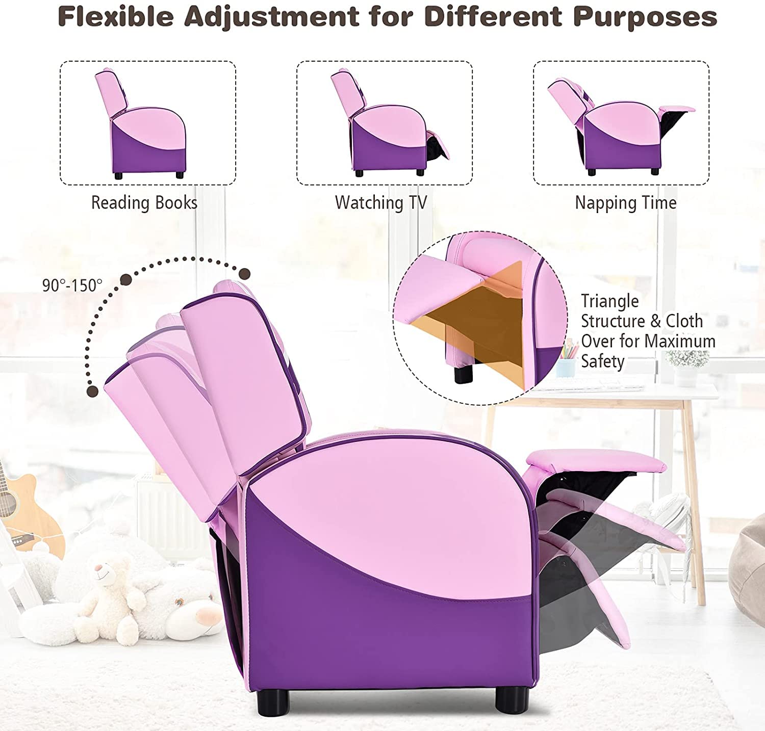 Fireflowery Kids Recliner Chair with Side Pockets, Adjustable Kids Couch Chair w/Footrest & Headrest, Ergonomic Toddler Furniture Sofa for Boys and Girls Room (Pink)