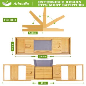 Artmalle Bathtub Caddy Tray for Tub,Foldable Bamboo Bath Table Tray with Book and Wine Glass Holder, Free Soap Dish Suitable for Luxury Spa or Reading,Natural