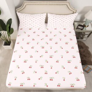 fruit kids pink bedding fitted sheet cherry pattern design toddler bedding sheets boys girls cute kawaii cherries bed sheet set girly cute bed cover bedroom collection 2pcs twin size