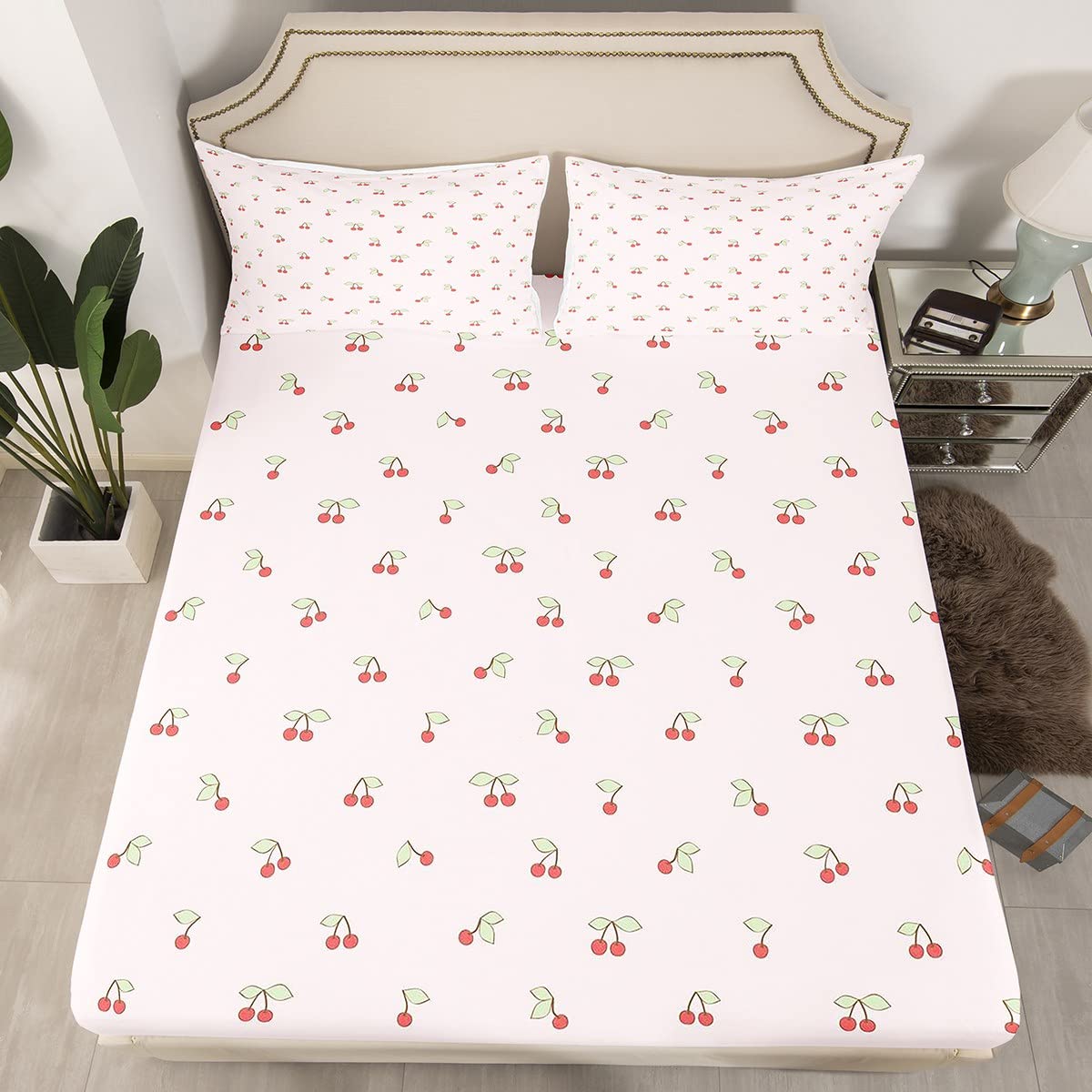 Fruit Kids Pink Bedding Fitted Sheet Cherry Pattern Design Toddler Bedding Sheets Boys Girls Cute Kawaii Cherries Bed Sheet Set Girly Cute Bed Cover Bedroom Collection 2Pcs Twin Size