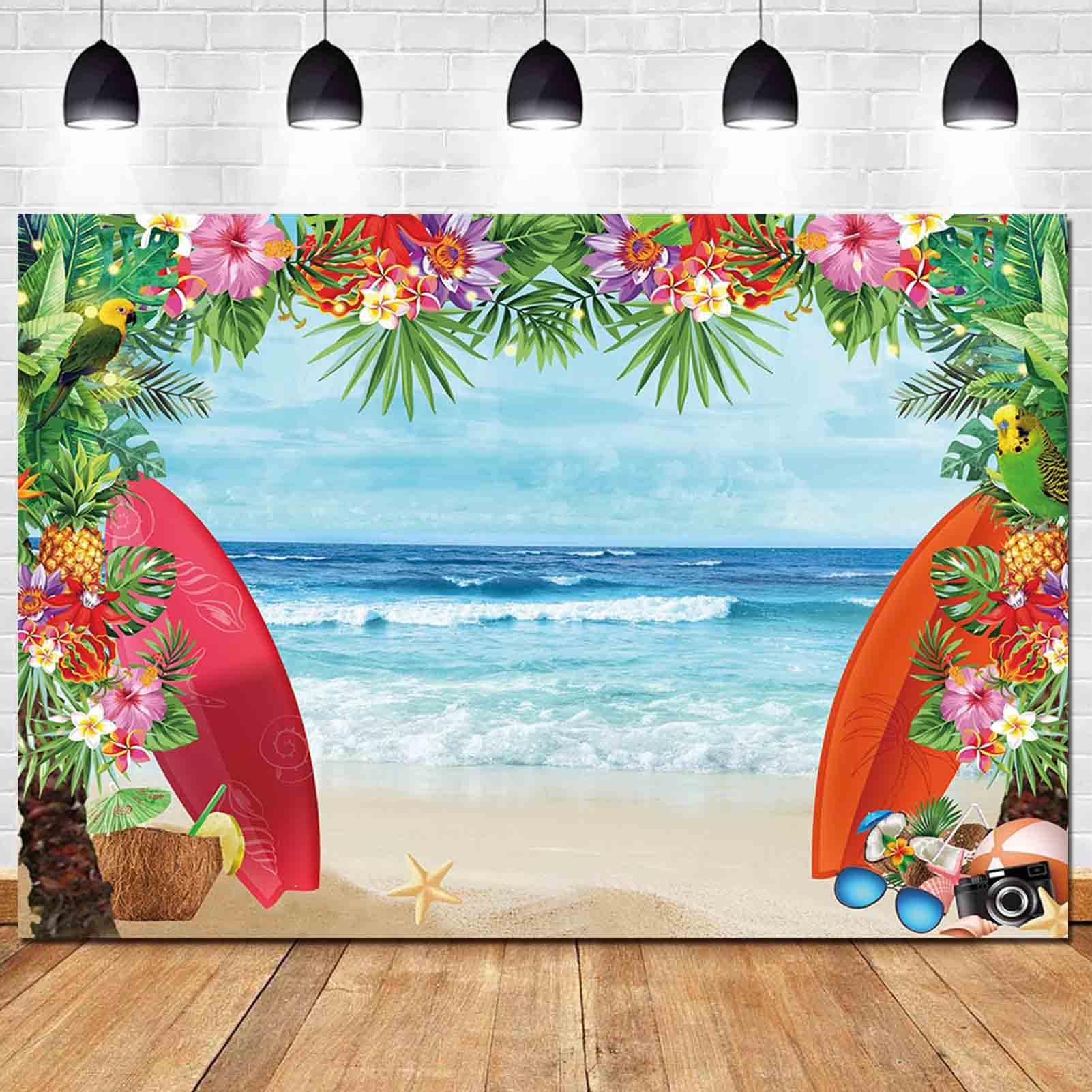 HQM Summer Tropical Beach Theme Photo Background 5X3FT Fabric Beach Conch Hawaii Blue Sea Flower Children Birthday Luau Party Photography Backdrop Kids Baby Shower Cake Table Decor Studio Shoot Props