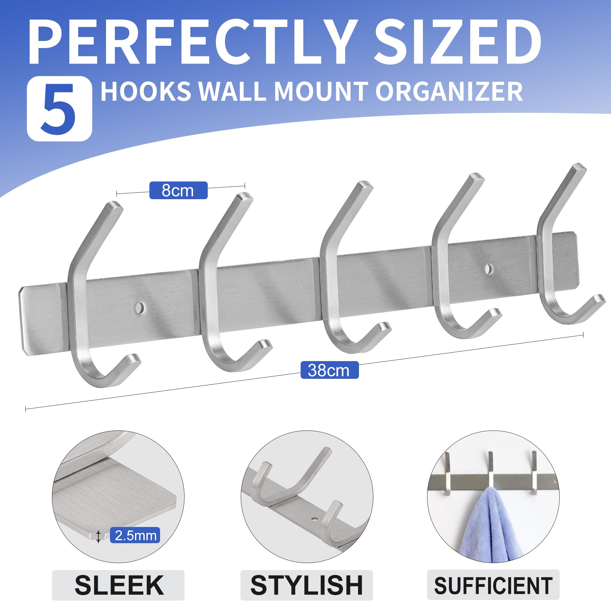 GlazieVault Coat Rack Wall Mount - Stainless Steel Coat Rack (2 Pack) - Heavy Duty Coat Hooks Wall Mounted - Coat Hanger for Hat Towel Robes Jacket Clothes for Bathroom Entryway (Silver J)…