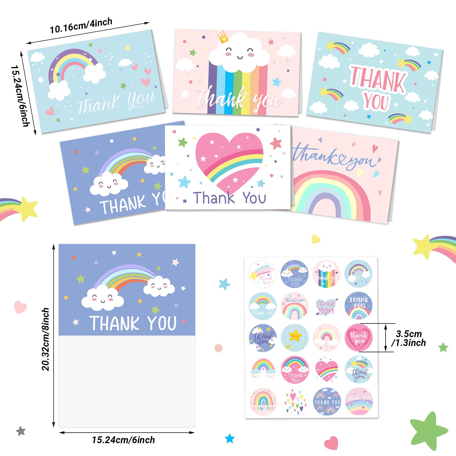 24 Pcs Rainbow Thank You Cards with Envelopes and Stickers, Baby Shower Thank You Notes Birthday Party Favors Christmas Wedding Supplies