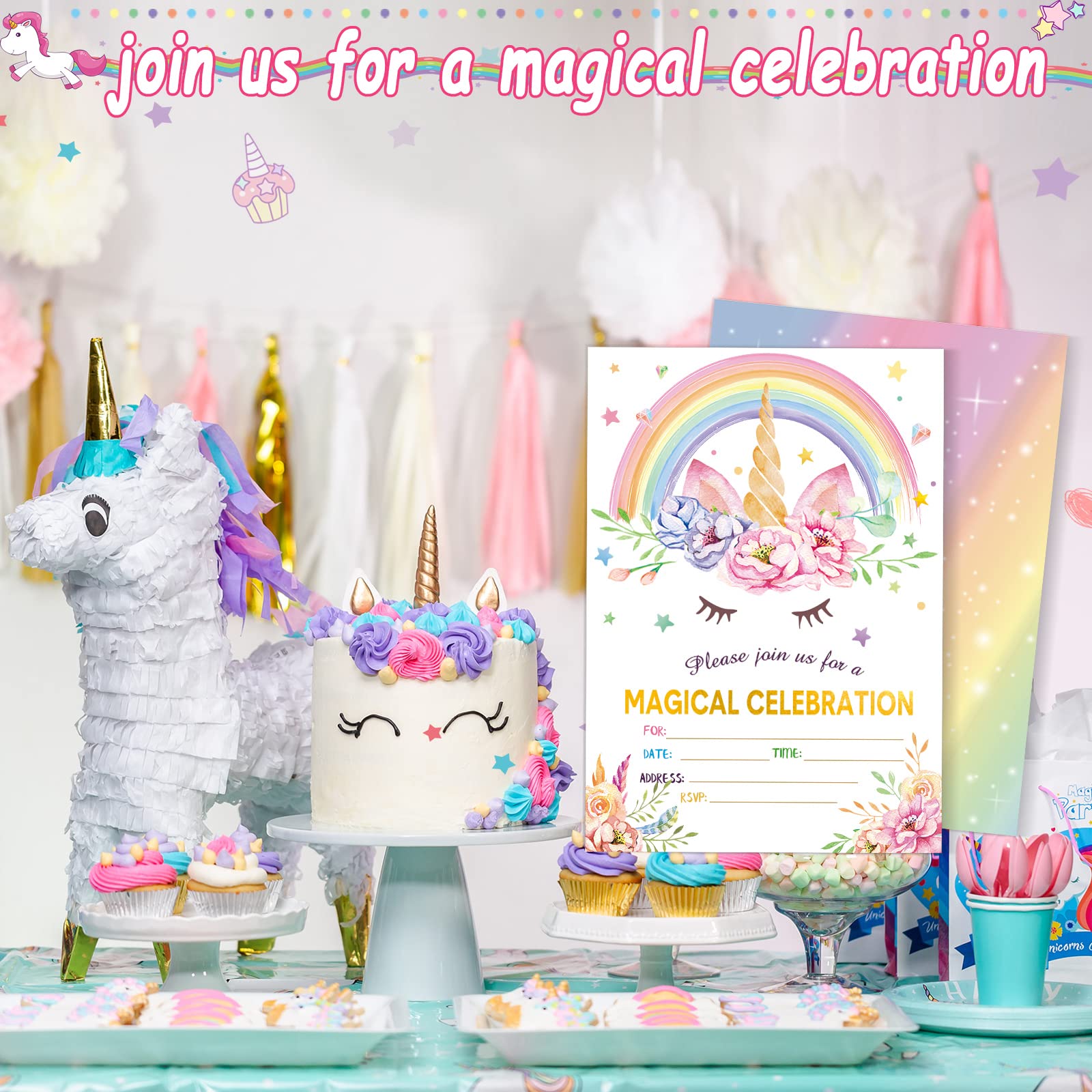 24 Pack Unicorn Birthday Invitation for Girls Boys Unicorn Party Invitation Card 24 Envelope 30 Rainbow Unicorn Sticker Labels for Birthday Baby Shower Party Supplies