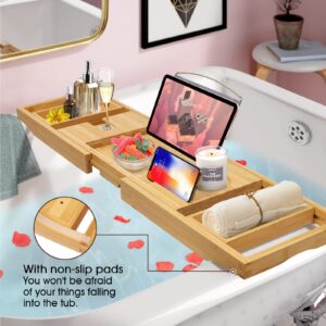 Artmalle Bathtub Caddy Tray for Tub,Foldable Bamboo Bath Table Tray with Book and Wine Glass Holder, Free Soap Dish Suitable for Luxury Spa or Reading,Natural