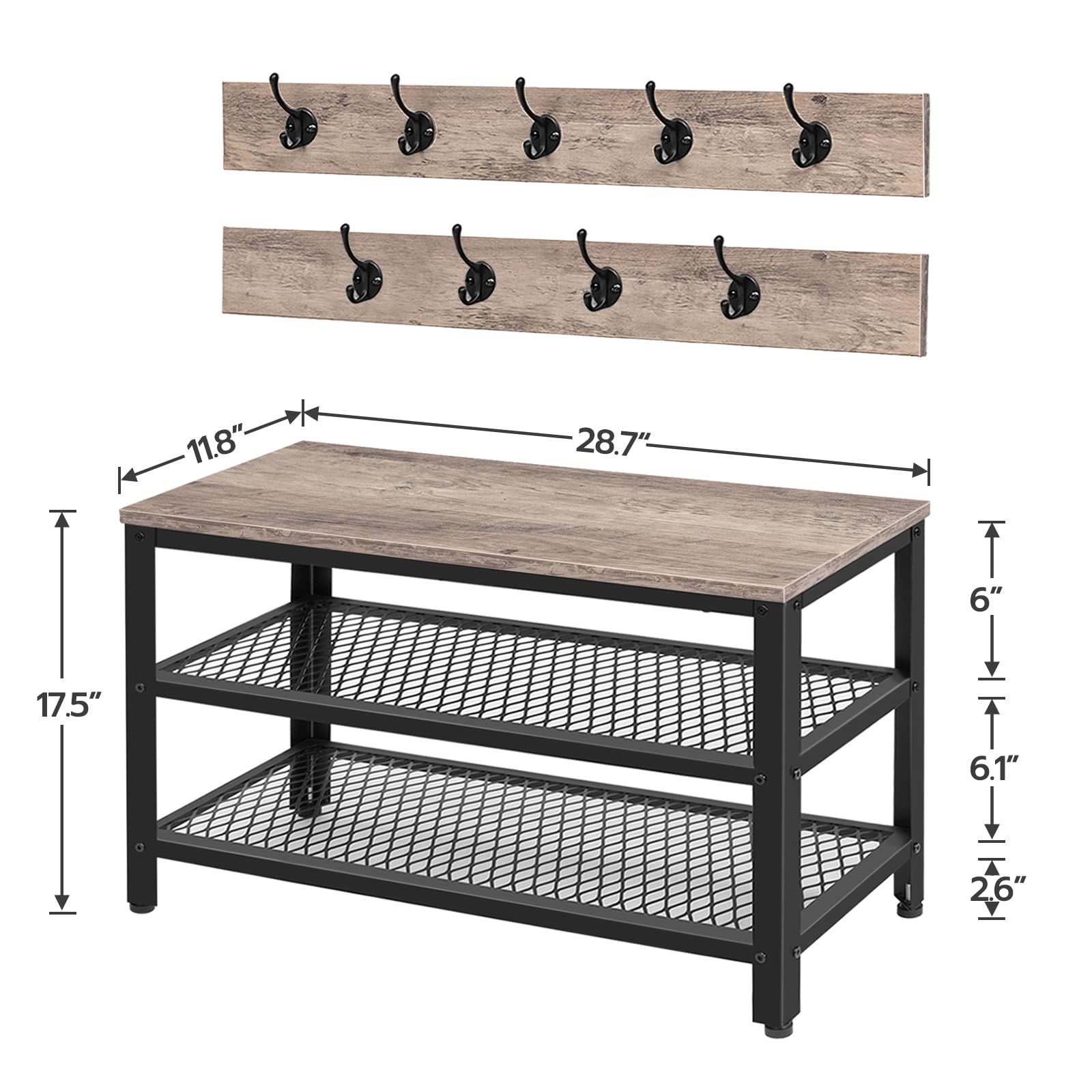 HOOBRO Hall Tree Entryway Storage Bench, Coat Rack Shoe Bench, Shoe Rack Organizer with Coat Hooks, 3-in-1 Design, Wooden Furniture with Metal Frame, Greige and Black BG17MT01