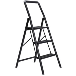 birdrock home slim aluminum step ladder - lightweight folding step stool for kitchen, home, tall cabinets, or closet - compact narrow metal stepstool with anti-slip steps - 3 step ladder for adults