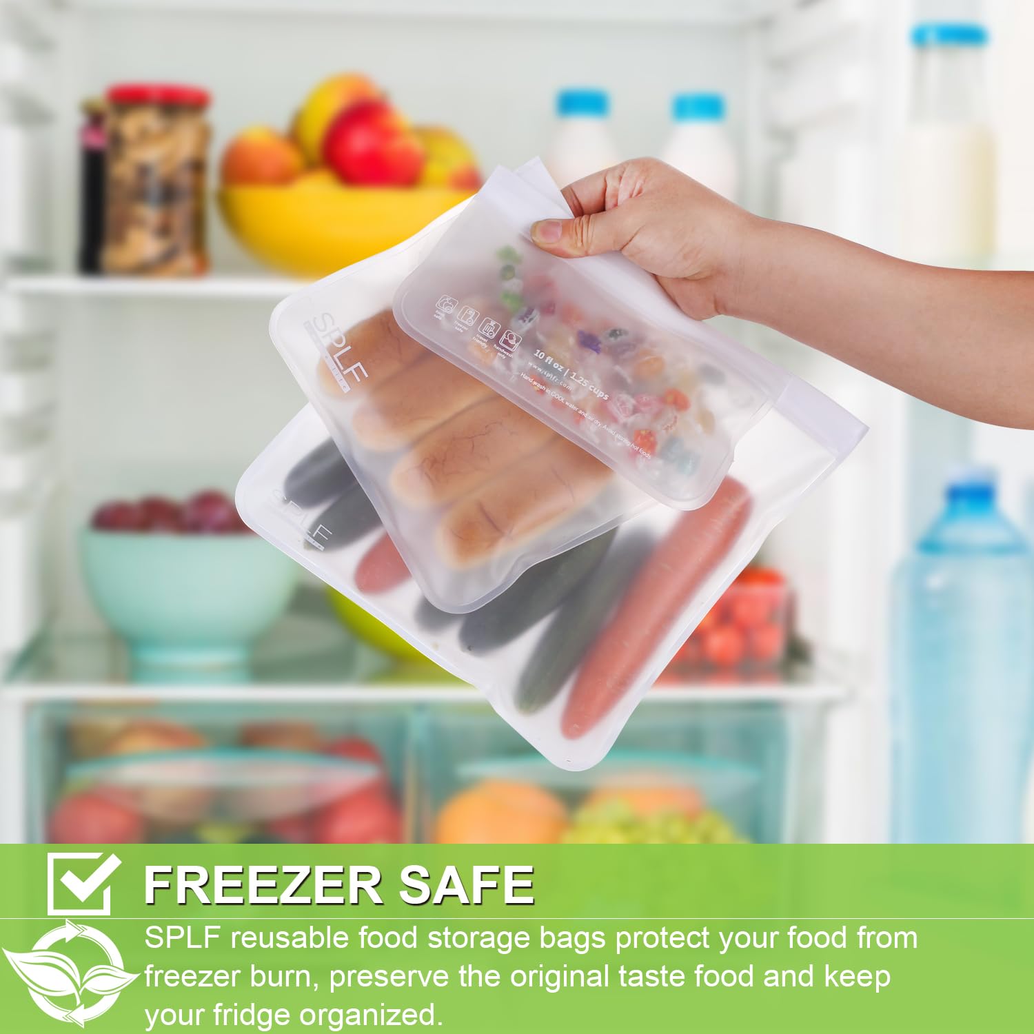 SPLF 10 Pack Dishwasher Safe Reusable Snack Bags, Reusable Storage Bags, BPA Free Freezer Bags Leakproof Silicone and Plastic Free Lunch Bags Food Storage