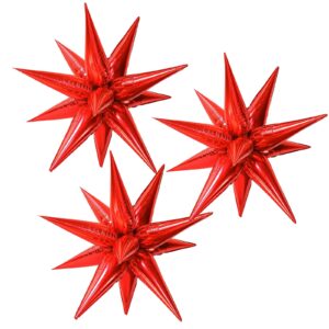 cymylar 3pcs 26inch 3d explosion star foil balloon, christmas day red foil cone star burst balloons for birthday wedding new year party event