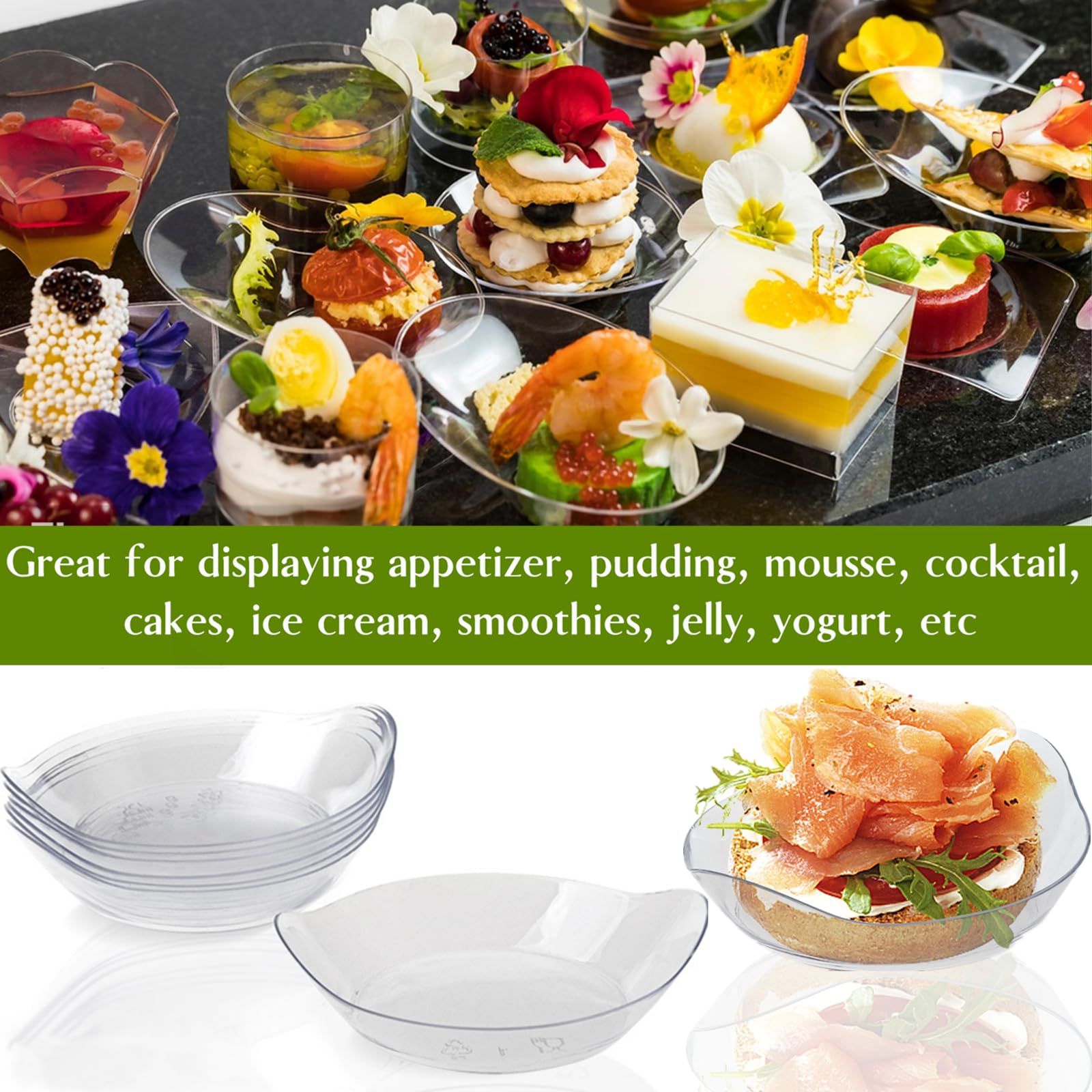 TOFLEN 100ct Mini Dessert Plates with Tasting Spoons, 3-1/8 x 2-5/8 Inches Small Reusable Clear Plastic Party Serving Hors D'oeuvres Plates for Appetizers (Leaf Shape)