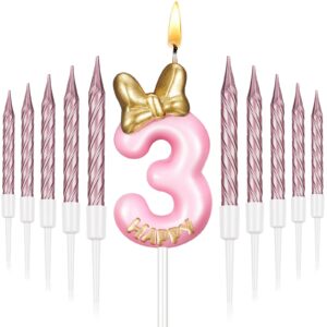 bbto number 3 birthday candle pink birthday candle girl with 10 pieces pink candles long thin cupcake candles in holders for cake topper birthday baking decor supplies