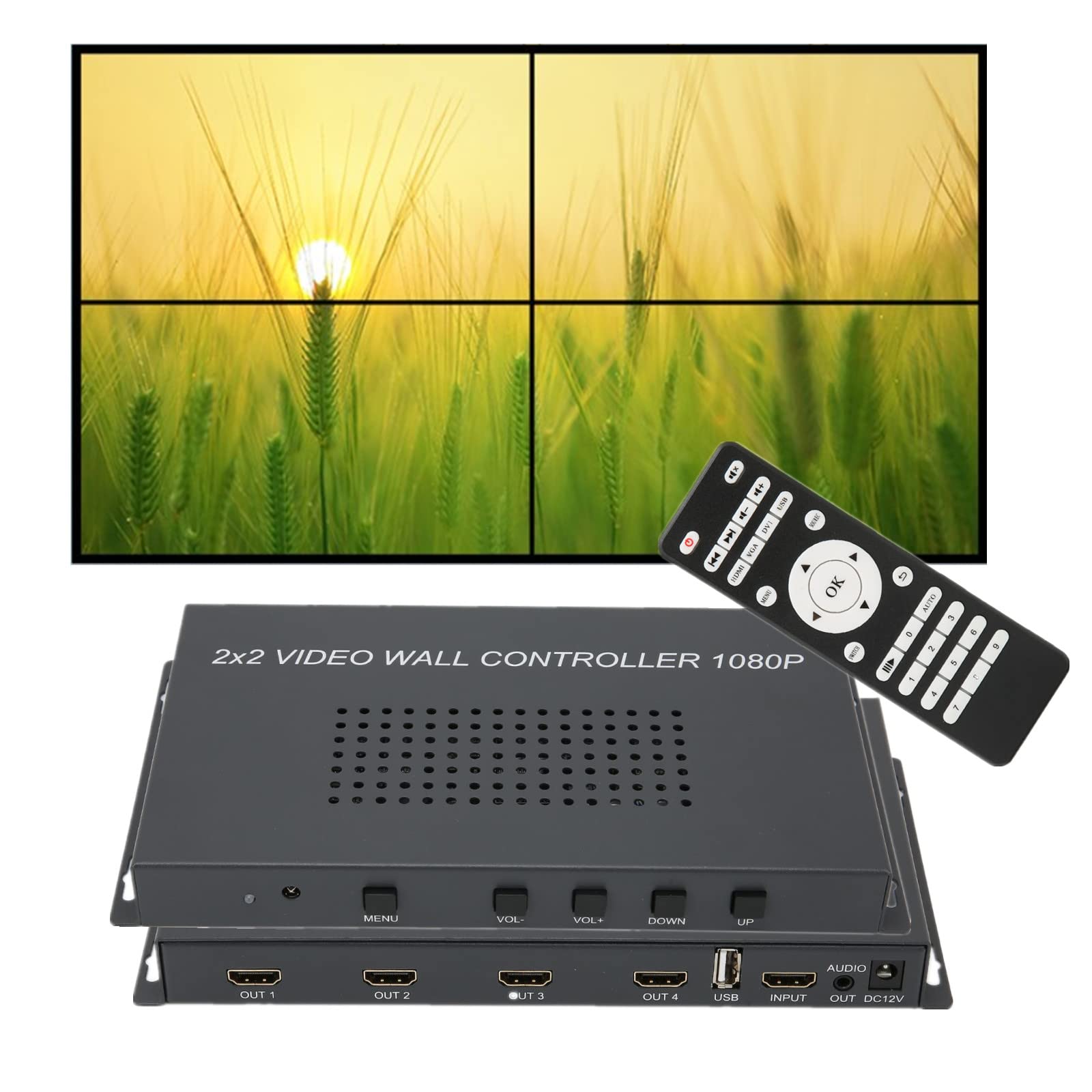 PUSOKEI LCD Video Wall Controller, 2X2 Video Image Processor, 1920x1080p 60HZ Screen Resolution, HDMI1.3 Input, 4 Output Support Splicing 2X1/3X1/4X1/1X2/1X3/1X4(US)