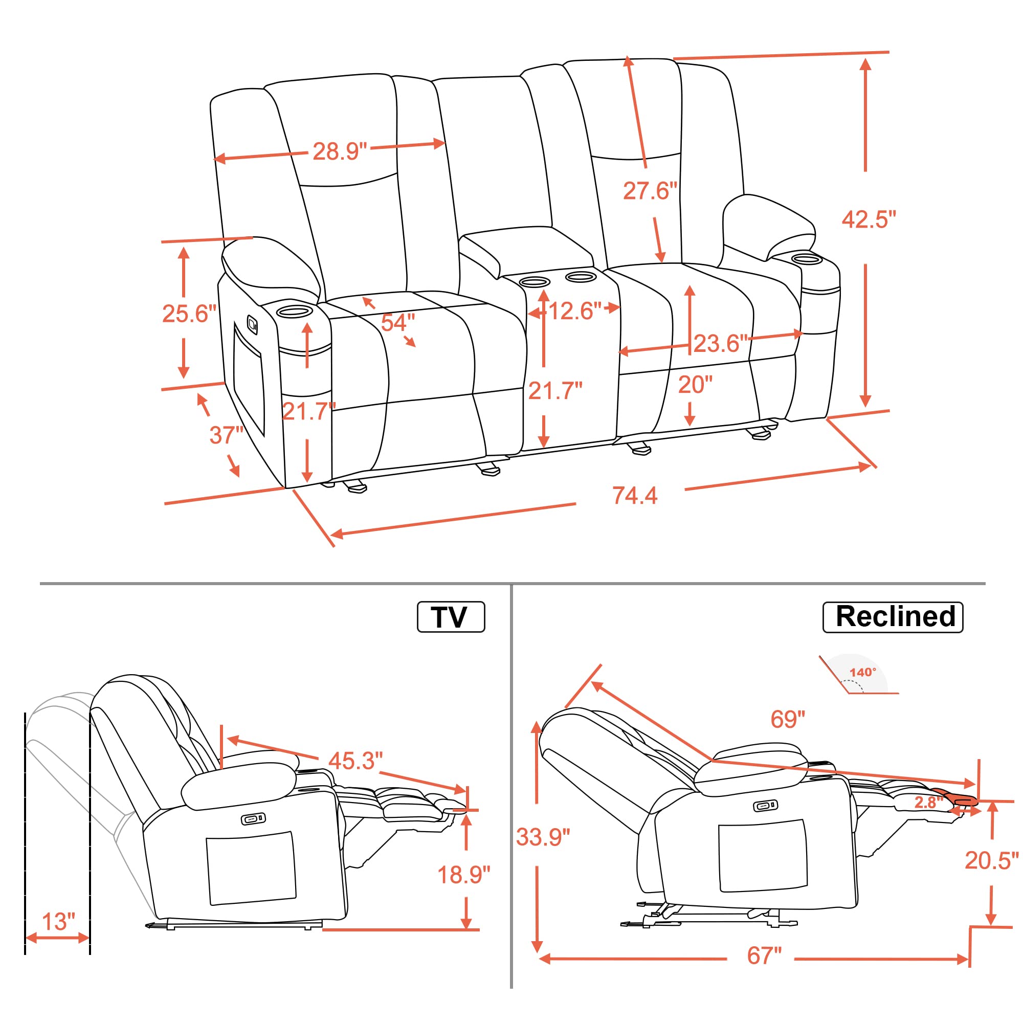 MCombo Fabric Power Loveseat Recliner with Console, Electric Reclining Loveseat Sofa with Heat and Massage, Cup Holders, USB Charge Port for Living Room 6045 (Brown)