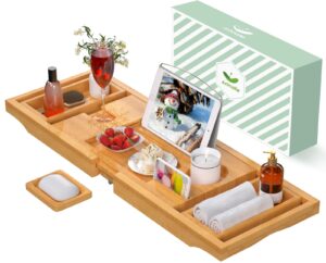 artmalle bathtub caddy tray for tub,foldable bamboo bath table tray with book and wine glass holder, free soap dish suitable for luxury spa or reading,natural