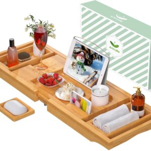 Artmalle Bathtub Caddy Tray for Tub,Foldable Bamboo Bath Table Tray with Book and Wine Glass Holder, Free Soap Dish Suitable for Luxury Spa or Reading,Natural