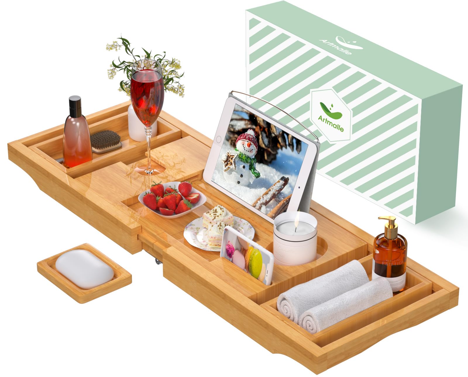 Artmalle Bathtub Caddy Tray for Tub,Foldable Bamboo Bath Table Tray with Book and Wine Glass Holder, Free Soap Dish Suitable for Luxury Spa or Reading,Natural