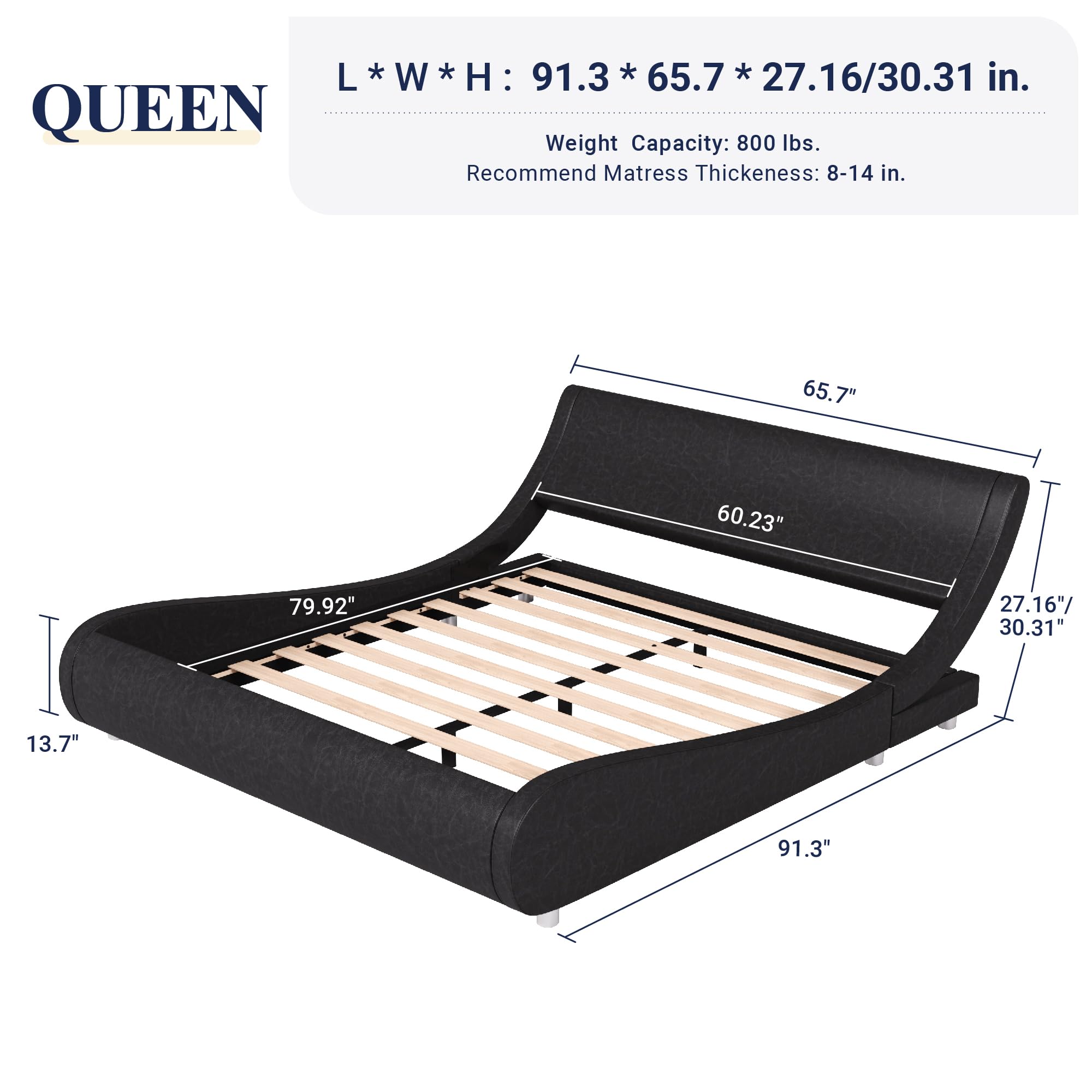 Allewie Upholstered Queen Size Platform Bed Frame Modern Low Profile Sleigh Bed with Faux Leather Adjustable Headboard, Wood Slat Support, Easy Assembly, No Box Spring Needed, Glossy Black