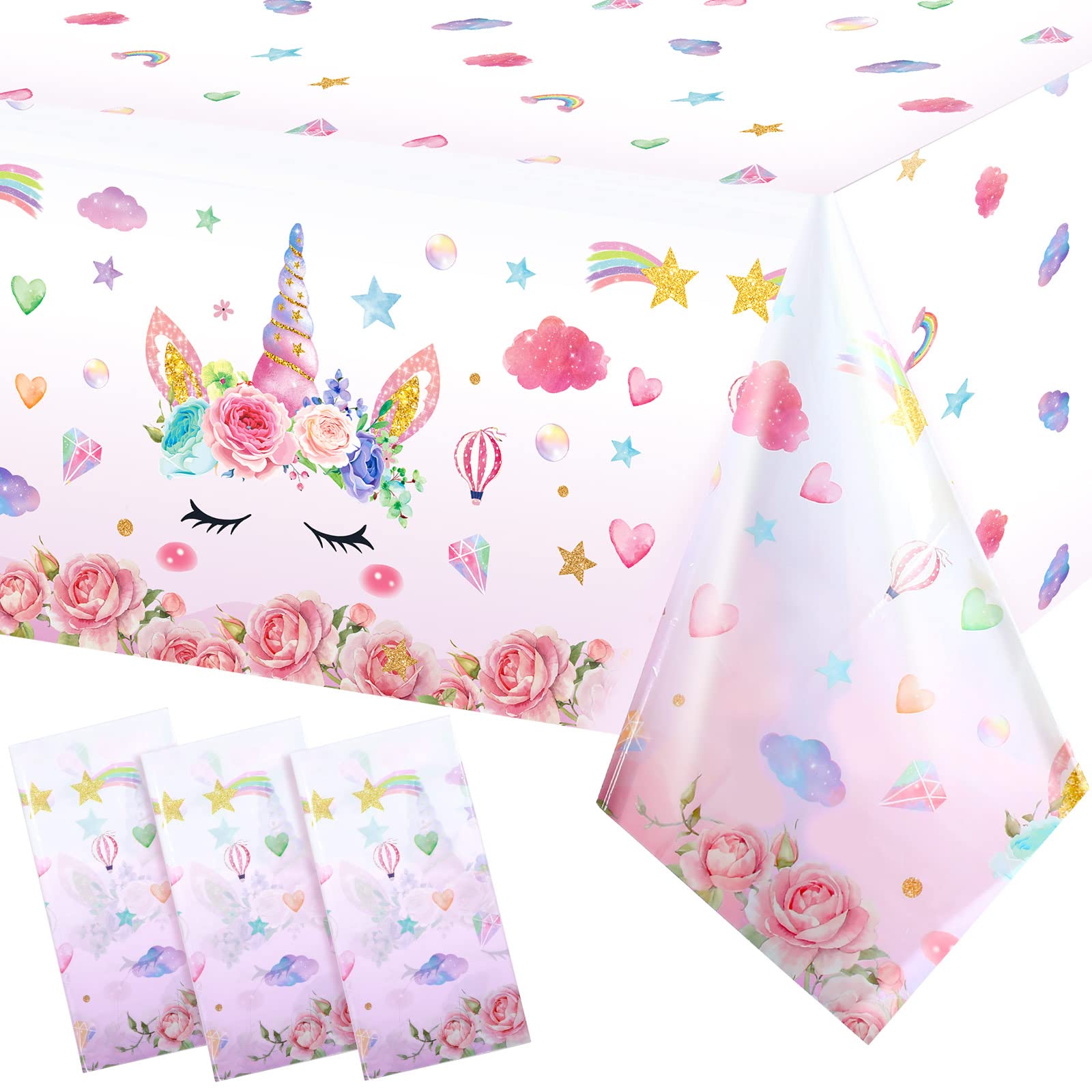 3 Pieces Unicorn Tablecloth Unicorn Table Covers Unicorn Themed Table Cloth Disposable Plastic Magical Unicorn Tablecloth for Birthday Baby Shower Decoration Party Supplies, 108 x 54 Inches