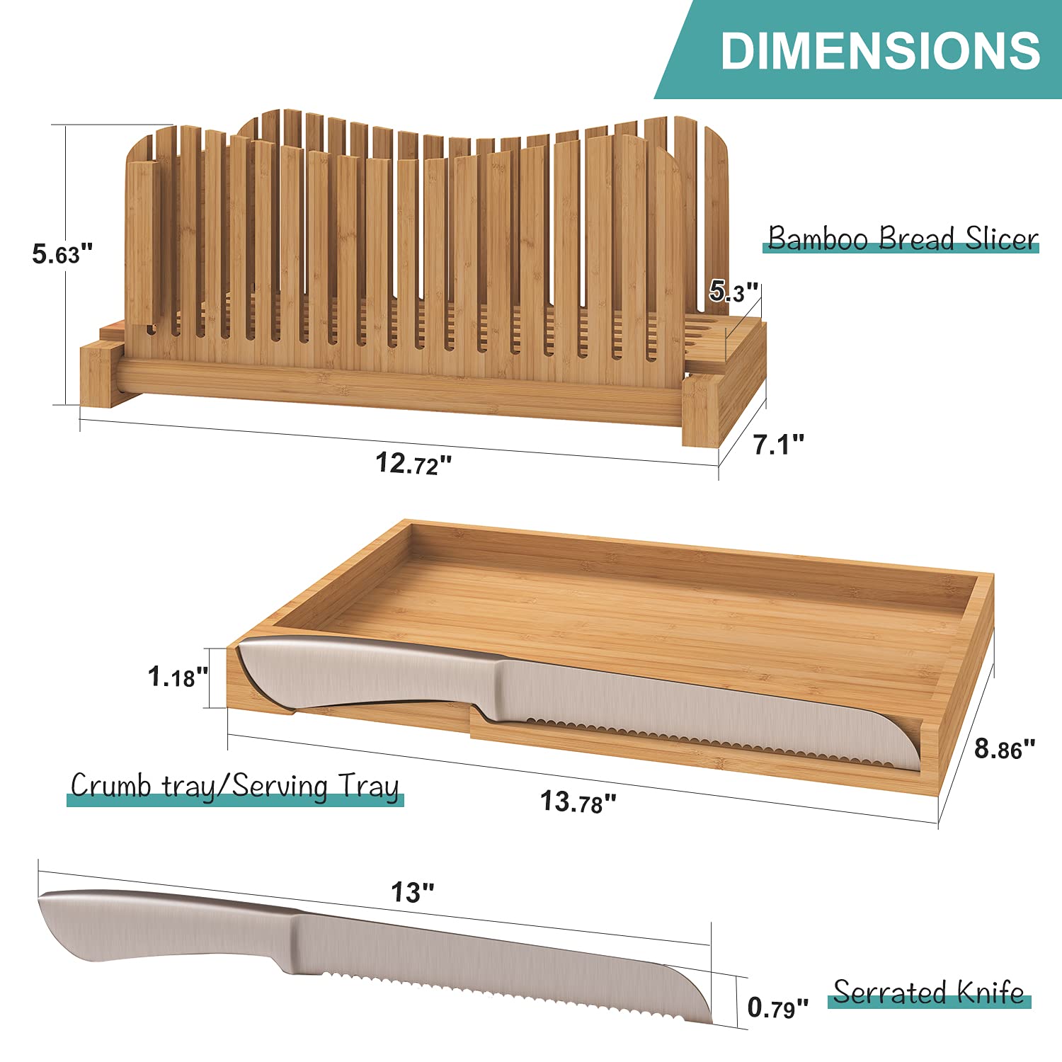 Bamboo Bread Slicer with Serrated Knife, Adjustable Bread Slicer Guide with 3 Thickness Size, Foldable Compact Chopping Cutting Board with Crumb Tray, Great for Homemade Bread, Cakes, Bagels