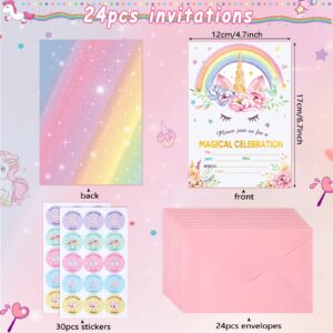 24 Pack Unicorn Birthday Invitation for Girls Boys Unicorn Party Invitation Card 24 Envelope 30 Rainbow Unicorn Sticker Labels for Birthday Baby Shower Party Supplies