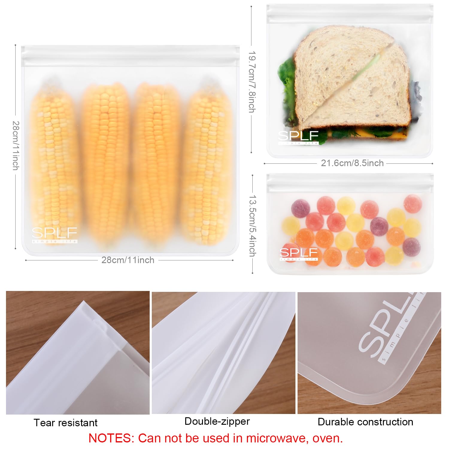 SPLF 10 Pack Dishwasher Safe Reusable Snack Bags, Reusable Storage Bags, BPA Free Freezer Bags Leakproof Silicone and Plastic Free Lunch Bags Food Storage