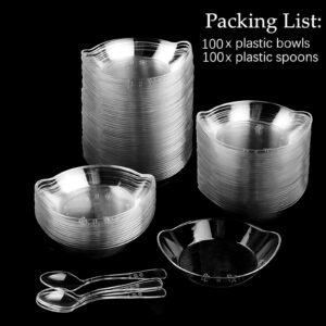 TOFLEN 100ct Mini Dessert Plates with Tasting Spoons, 3-1/8 x 2-5/8 Inches Small Reusable Clear Plastic Party Serving Hors D'oeuvres Plates for Appetizers (Leaf Shape)