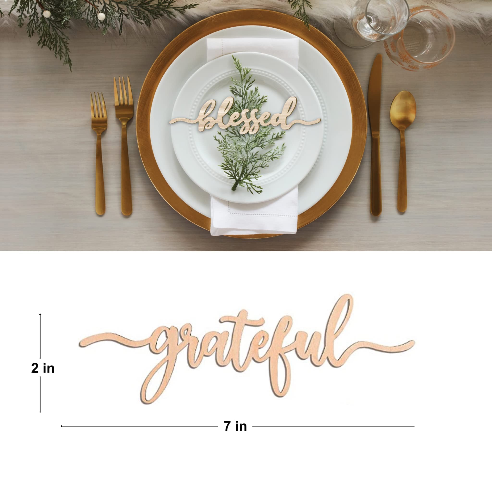 Thanksgiving Place Cards Blessed, Thankful, Grateful Wood Signs Fall Dining Table Plate Ornament Farmhouse Home Table Setting Decor 6 Pack (Grateful)